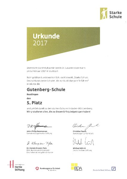 Urkunde.jpg - Schwarz auf Weiß: Die Urkunde.Die Gutenberg-Schule ist eine "STARKE SCHULE"!